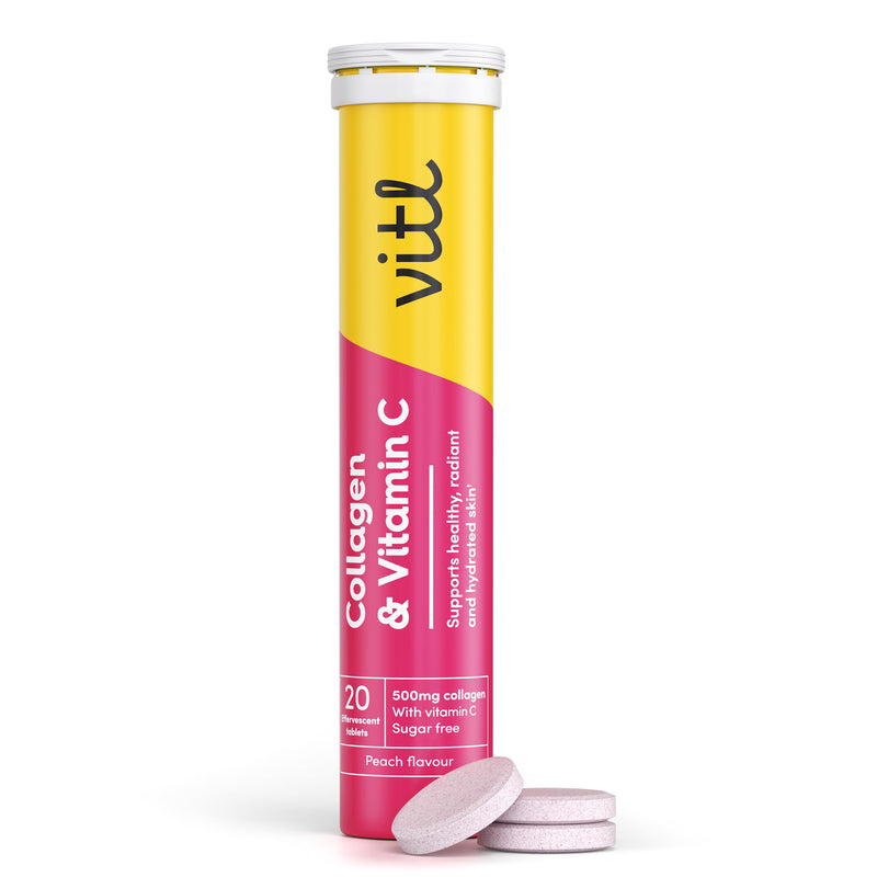 Vitl Collagen & Vitamin C Effervescent Tablets | Nutritional Support for Skin, Hair, Nails & Joints | Collagen Supplements for Women | Peach Flavour (20 Tablets)