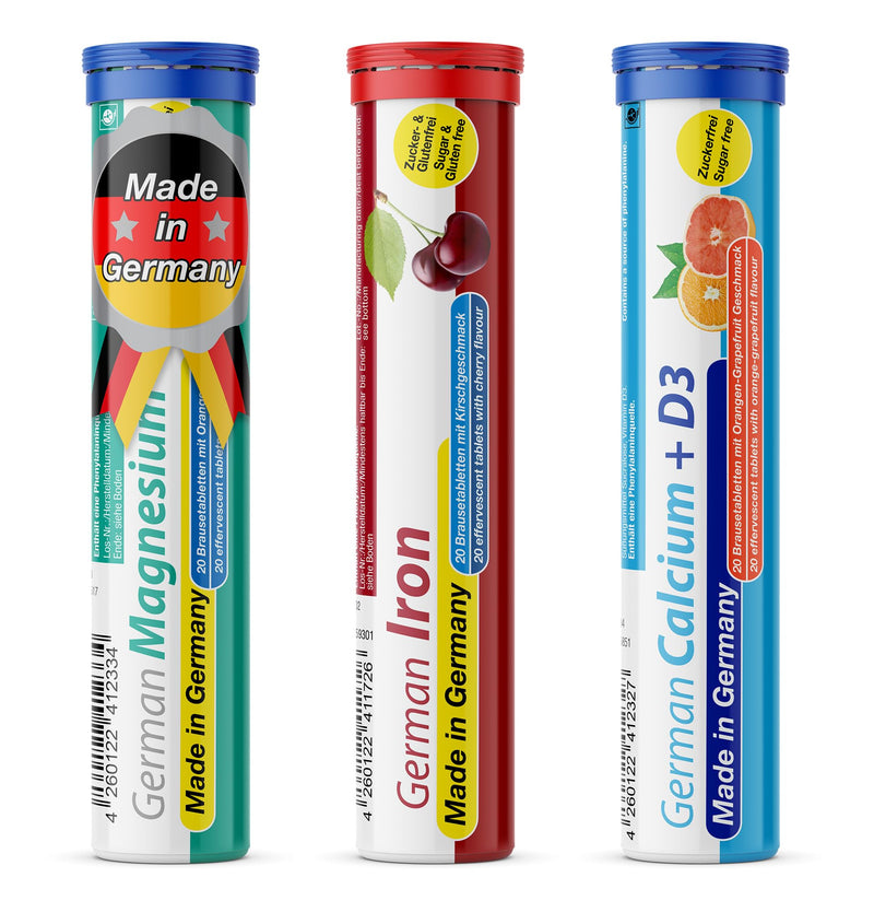German Mineral Plus Package 60 Pcs. - Vegan, Zero Sugar - Drink Effervescent Tablets - Iron, Calcium, Magnesium - T&D Pharma - Made in Germany Cherry, Orange, Grapefruit 60 count (Pack of 1)