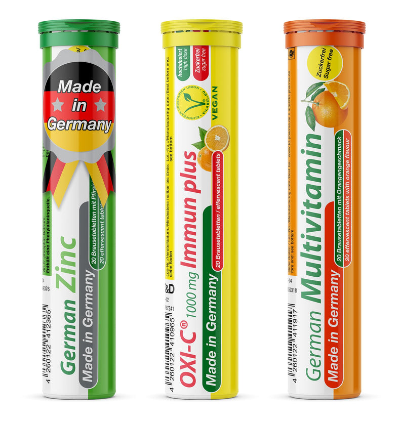 German Immun Boost Package 60 Pcs. - Vegan, Zero Sugar - Drink Effervescent Tablets - Vitamin C, Zinc, Multivitamin - T&D Pharma - Made in Germany Orange, Peach Passionfruit 60 count (Pack of 1)