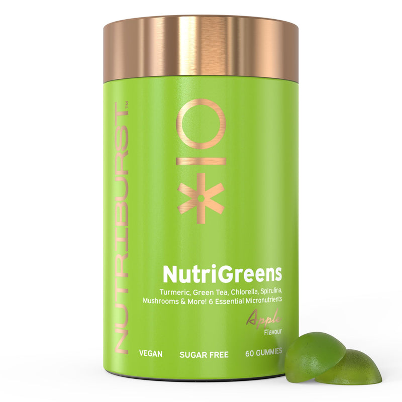 Nutriburst - NutriGreens - 22 Fruits + Vegetables + Herbs + Mushrooms + Live Bacteria Cultures - Boosted with Vitamins: Zinc, VIT C, D3, B5, B6, B12-60 Gummies 1 Month Supply - Suitable for Vegans Greens + Probiotics 60 count (Pack of 1)