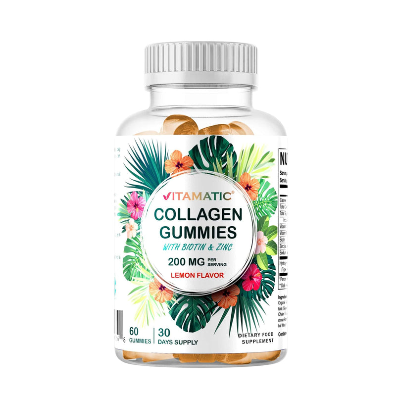 Vitamatic Hydrolyzed Collagen Gummies with Vitamin C, Zinc and Biotin, 200 mg - Healthy Skin Support - 60 Gummies
