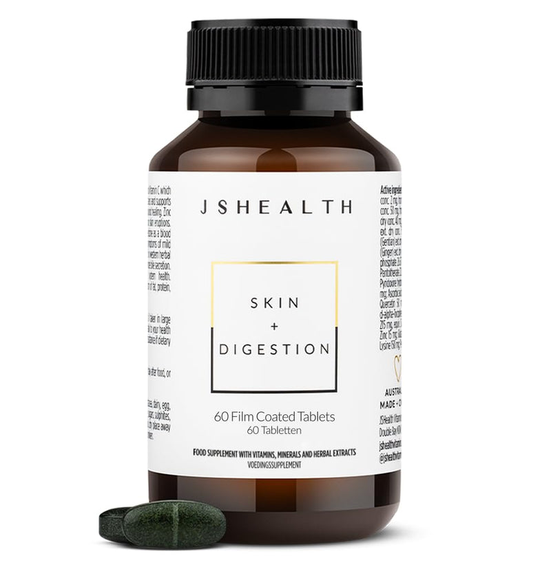 JSHealth Vitamins Skin and Digestion Formula, Skin Supplement with Zinc, Burdock Turmeric, Acne Treatment for Teens & Adults, 60 Tablets 60 count (Pack of 1)