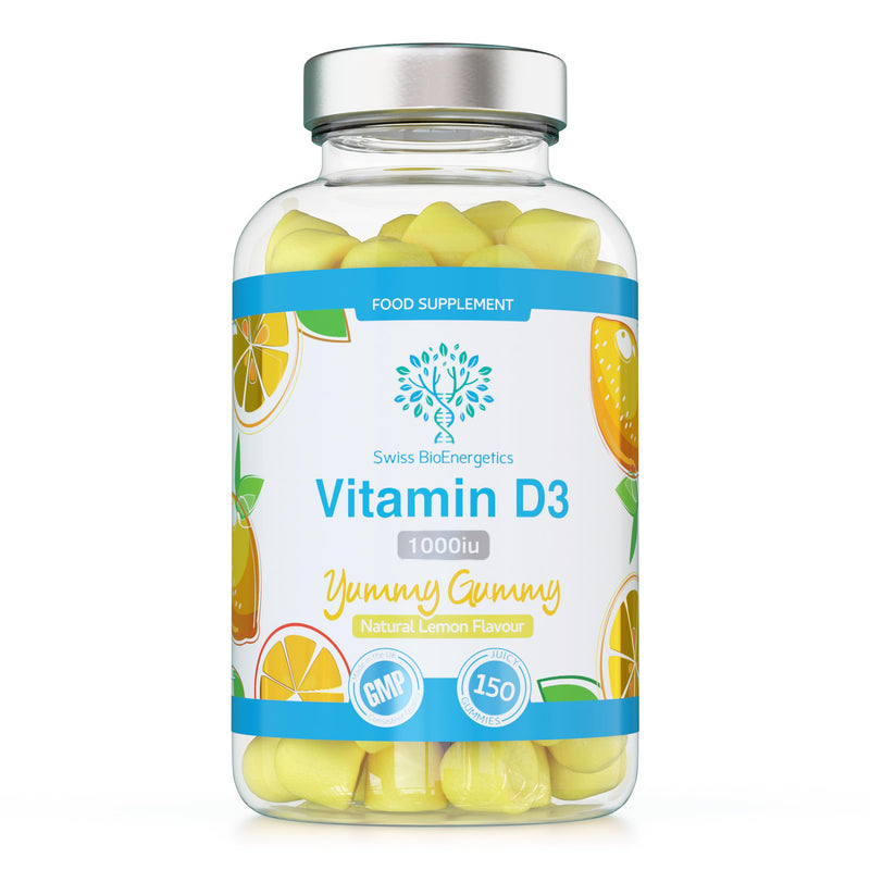 Vitamin D3 Gummies 25µg 1000IU - 150 Natural Lemon Flavour Chewable Yummy Gummies - 5 Month Supply - Made in The UK 150 Gummies