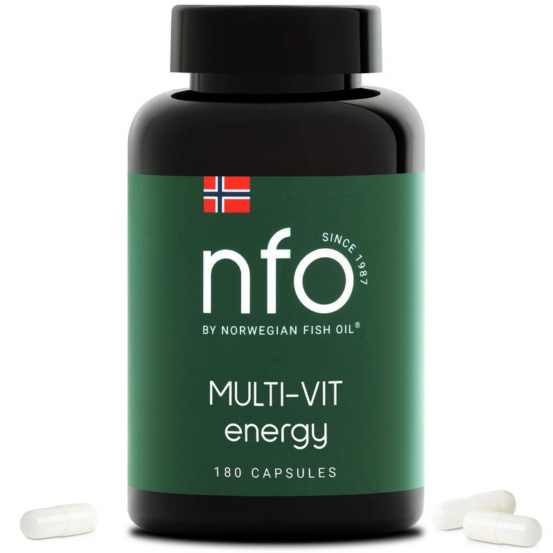 NFO Multi-VIT Energy [180 Capsules] Norwegian Fish Oil Natural high-dose Complex Each Vitamin and Mineral in Our Multivitamin is calibrated for Maximum Synergy Made in Norway