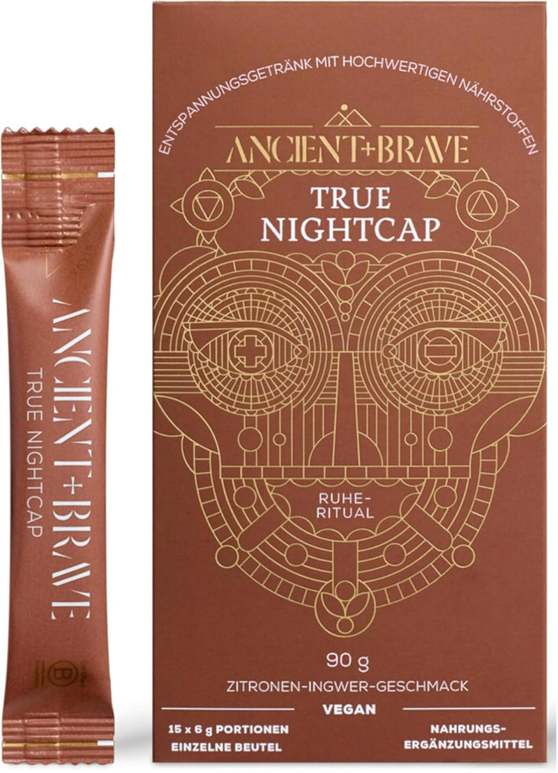 Ancient + Brave True Nightcap 15 x 6g Sachets - Sleep Supplement for Adults with Magnesium, Zinc, Vitamin C, Amino Acids - Natural Sleep Aid Powder - Recover Sleep, Lemon Ginger Flavor, Vegan 90 g Sachets