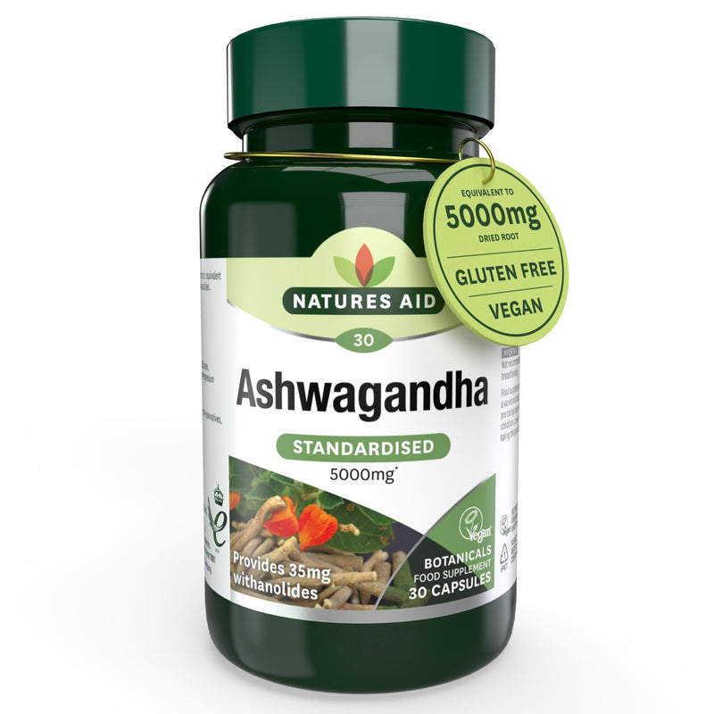 Natures Aid Ashwagandha 5000mg - 30 Tablet Capsules - Natural Pure High Strength Ashwagandha Root Extract Supplement - Vegan Gluten Lactose Free - Not Ashwagandha Gummies or Powder - 1 Months Supply