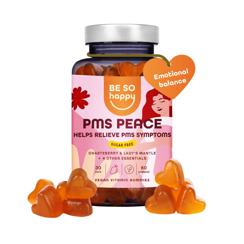 PMS Peace Gummies with Saffron and B Vitamins for Women, Vegan Formula for Premenstrual Support, 60 Gummies. BE SO HAPPY