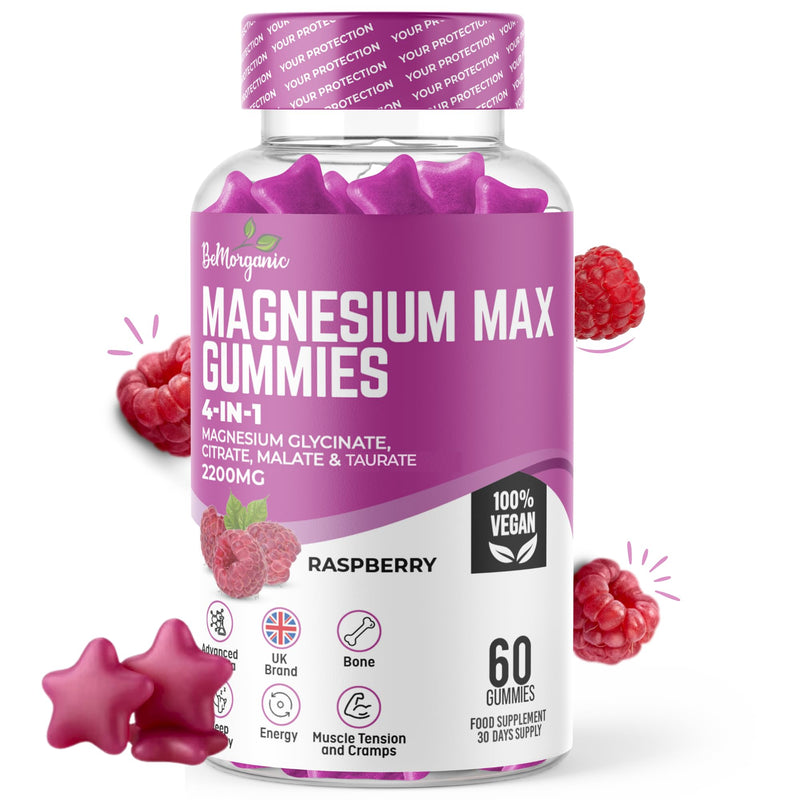 Magnesium Gummies for Adults High Absorption 252.6mg (60 Gummies) Elemental Magnesium from Citrate Malate Glycinate Vegan Raspberry Flavour Sleep Relaxation & Muscle Support Non-GMO Gluten-Free