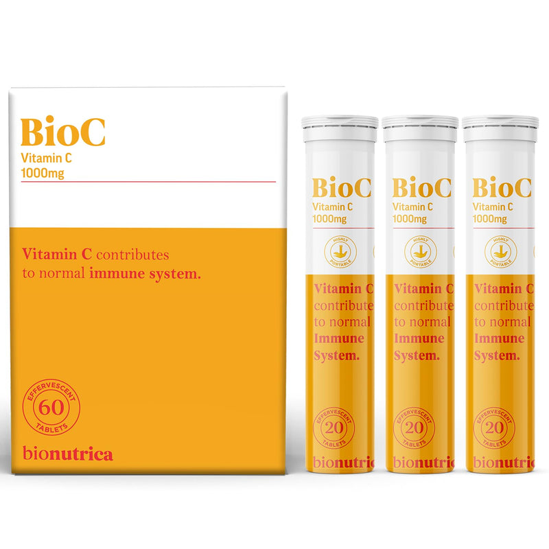 BioC High Strength Vitamin C 1000mg Effervescent Tablets 60, Immune Support, Energy & Fatigue Reduction, Antioxidant Protection – Vegan Friendly & GMP Certified 20 count (Pack of 3)