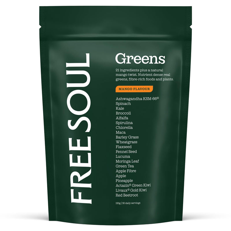 Free Soul Greens | 21 Advanced Greens, Superfoods, and Adaptogens Including KSM-66 Ashwagandha, Vegan & Gluten-Free, Advanced Natural Formula | UK Made | 30 Servings | Mango Flavour