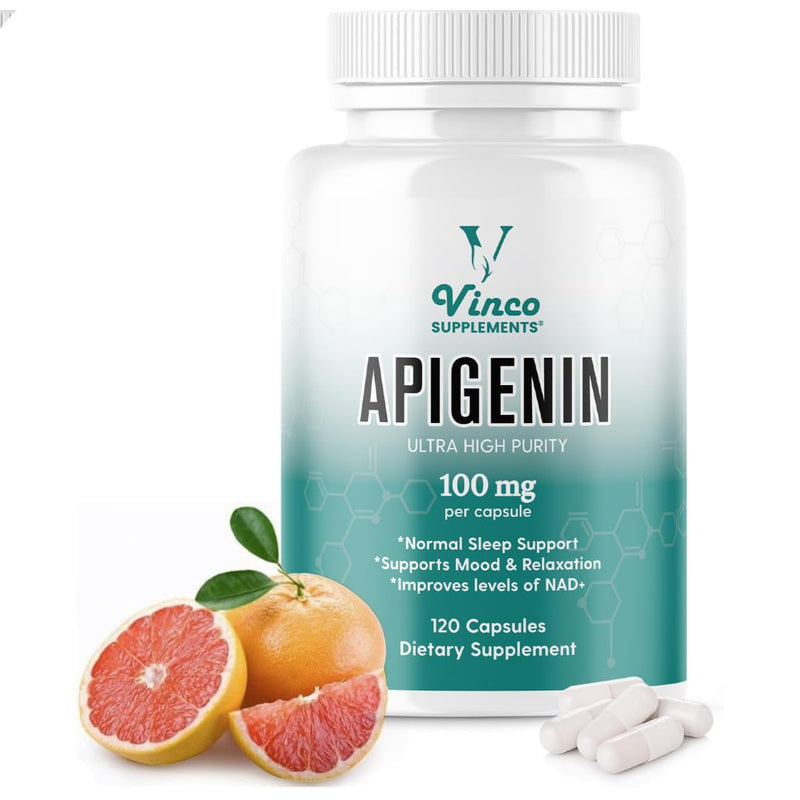 Vinco Apigenin 100mg Supplement - 120 Sleep Capsules for Better Relaxation, 99%+ Pure Natural Formula - NAD Booster, Apigenin Sleep Supplements, Natural Sleep Aid for Adults - Made in the UK