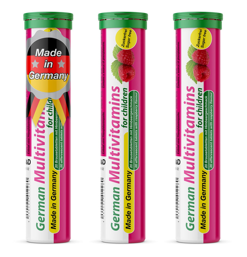 German Multivitamin for Children 60 Drink Effervescent Tablets - Sweet Raspberry Flavour, Sugar Free, Vegan - Vitamin C, E, B1, B2, B6, B12, Folic Acid, Niacin – T&D Pharma – Made in Germany 60 count (Pack of 1)