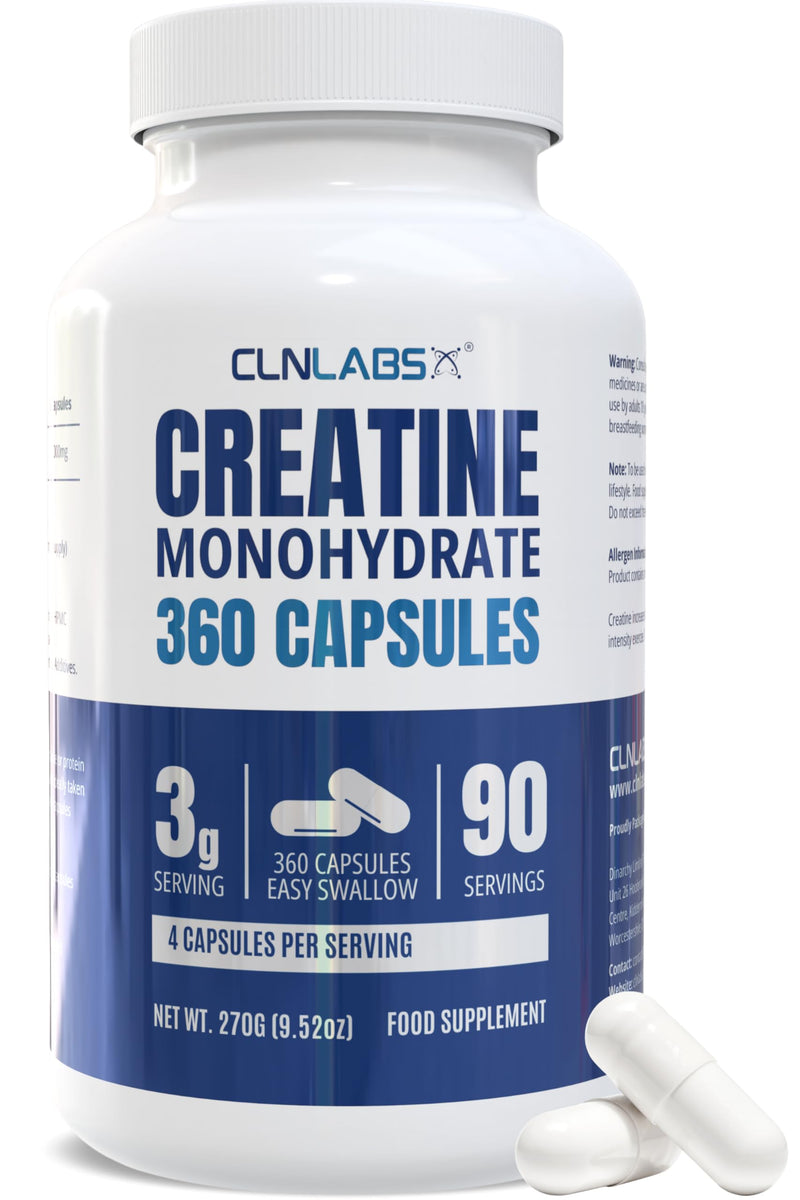 CLN Labs Creatine Monohydrate Capsules | 360 Capsules | 3000mg per Serving | 3 Months Supply | Easy Swallow Compared to Tablets | Unflavoured | Made in the UK