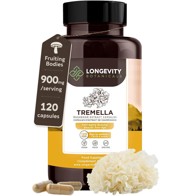 Tremella Mushroom Capsules Supplement (120) | Fruiting Body 10:1 High Strength Snow Fungus Extract | 10% Beta-D Glucans | 9 000mg Raw Equivalent Per Serving | No Fillers | Skin Hair & Brain Support Tremella Capsules 120