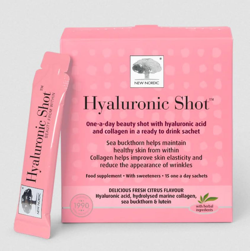 New Nordic Hyaluronic Shot with Marine Collagen Supplement to Improve Skin Elasticity & Reduce Wrinkles, Ready to Drink, Citrus Flavour, 15 Sachets Hyaluronic Shot High - 15x Marine Collagen