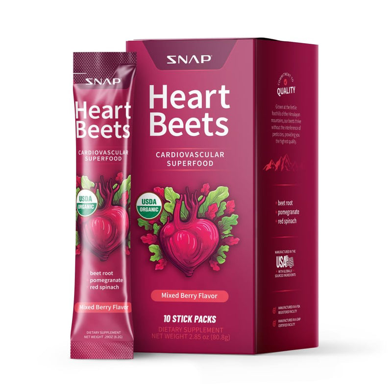 Snap Supplements Heart Beets Stick Packs, Organic Beet Root Powder Drink Mix, Cardiovascular Support for Men & Women, Beets, Pomegranate & Red Spinach, Nitric Oxide Booster, Mixed Berry, 10 Servings