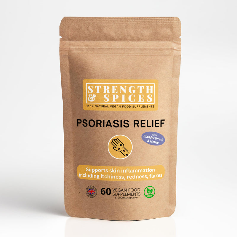 Strength & Spices Psoriasis Relief Skin Care Supplements, Immune System Booster with 31 Powerful Ingredients and Amino Acids, Soothes Red, Flaky Skin, 1000 mg, 60 Vegan Capsules, Refill Paper Bag