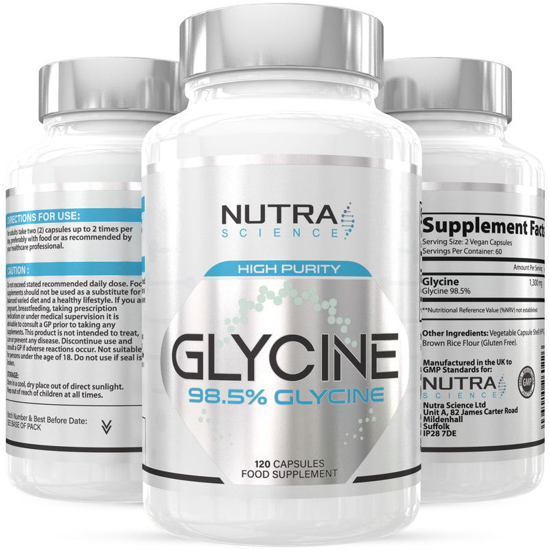 Glycine Supplement 98.5% Concentration | Highest Purity Glycine Capsules in the UK | 1,300mg Glycine Powder Amino Acid Supplements 2 Month Supply 120 Caps