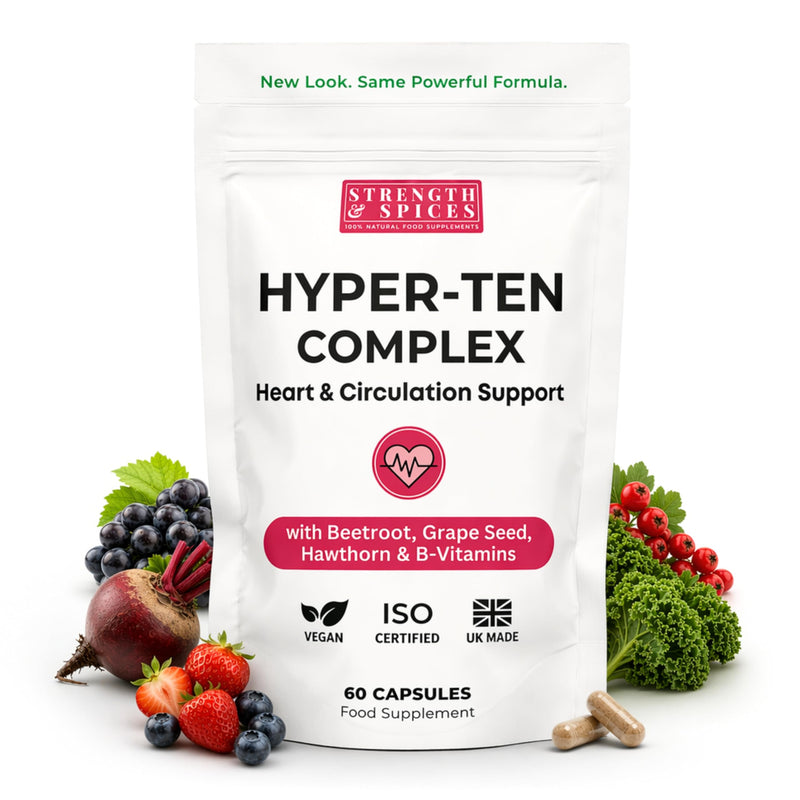 Strength & Spices Blood Pressure Aid Capsules – 17 Natural Ingredients incl. Beetroot, Hawthorn & Grape Seed – with Vitamin B1 & Magnesium – UK Made, Vegan, ISO Certified, 60 Capsules Refill