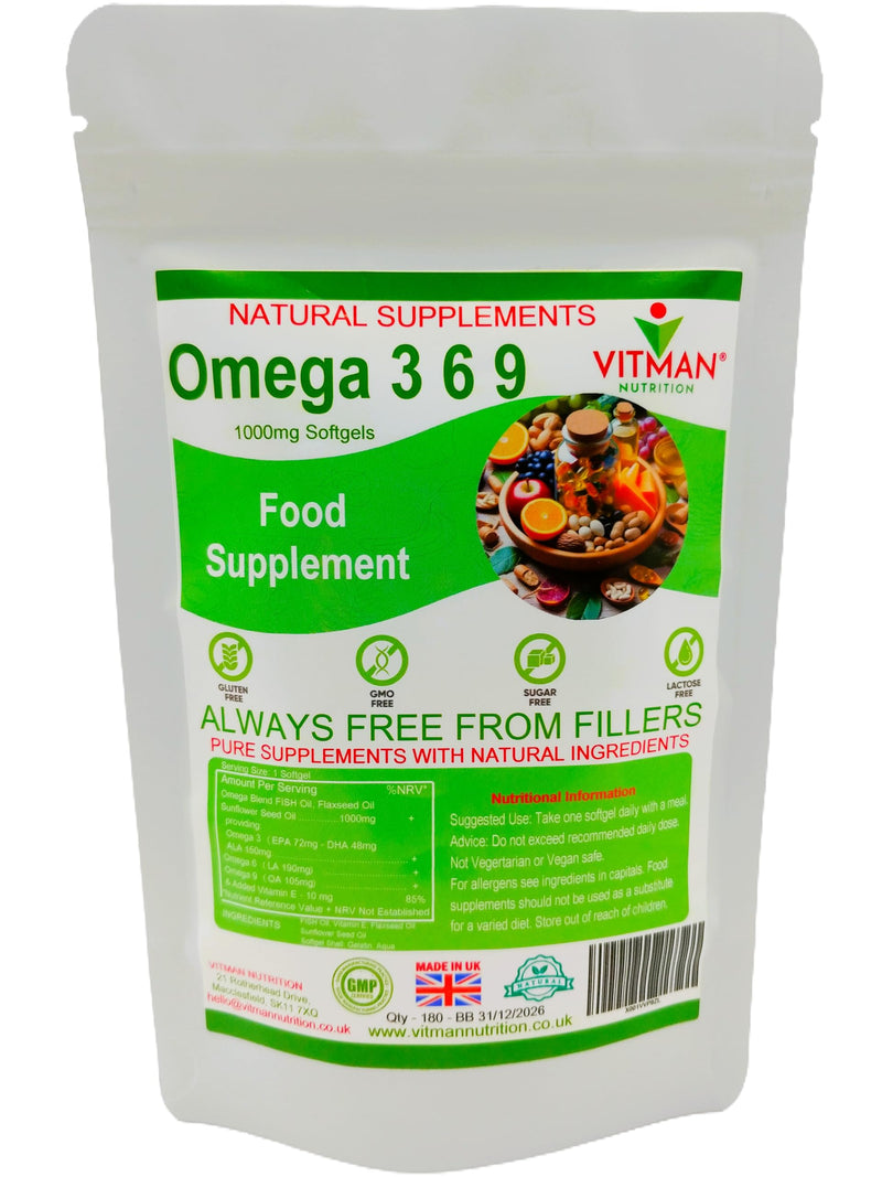 Omega 3 6 9 High Strength Essential Fatty Acids Fish Oil Supplement 1000mg Soft Gel Capsules & Added Vitamin E (180) 180