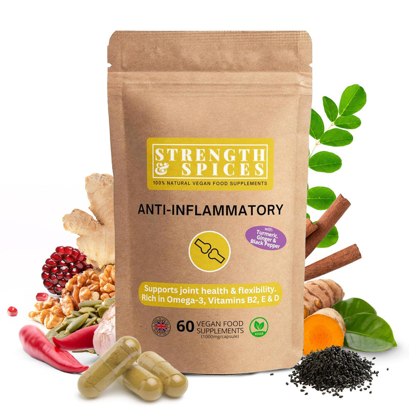 Strength & Spices Anti-inflammatory, Muscle and Joint Care Supplements for Mobility and Recovery, Turmeric Capsules with 28 Powerful Ingredients, Vegan and All-Natural, 1000mg, 60 Capsules, Refill Paper Bag