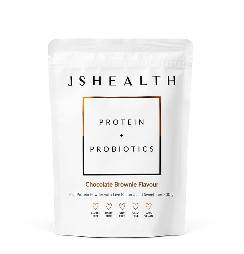 JSHealth Vegan Pea Protein Powder with Probiotics - Chocolate Brownie Flavor - Gluten Free, Non GMO, Plant Based Protein Drink Mix, 300g 300 g (Pack of 1)
