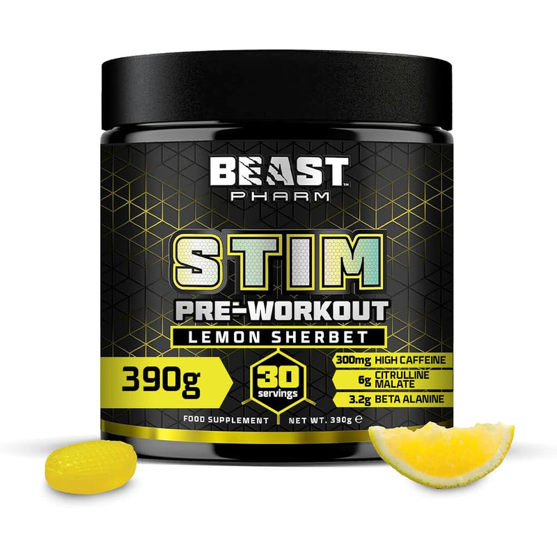 Beast Stim Pre Workout Powder - 30 Servings - Gym Supplements for Men and Women 390g - Beta Alanine Preworkout - Lemon Sherbet