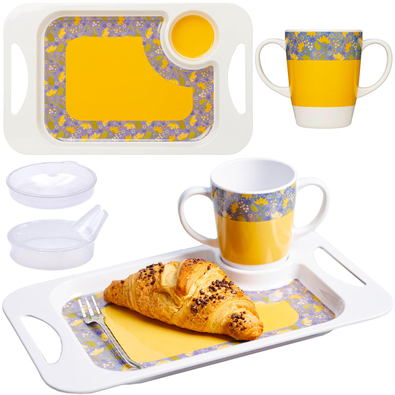 Sippy Cup for Adults, Cup lids & Coordinating Snack Tray Bundle for Elderly. 400ml/14oz Cup Capacity, Tray 33.8cmx20.6cm. Lightweight, Melamine, Perfect Snack Bundle (Yellow) Yellow