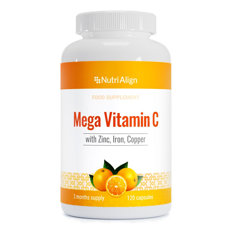 Nutri-Align Mega Vitamin C | 120 High Strength Vitamin C Capsules 1000mg VIT C per Serving - VIT C and Zinc, Iron & Copper Supplement | Gluten & Sugar Free | Made in the UK 120 count (Pack of 1)