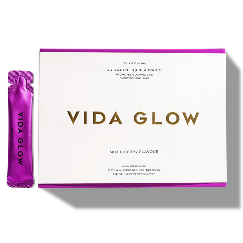 Vida Glow Collagen Liquid Advance, Double Dosage of Natural Marine Collagen & Added Antioxidant Complex to Address Skin Ageing, Ready-to-Consume Liquid Collagen, Delicious Mixed Berry Flavour.