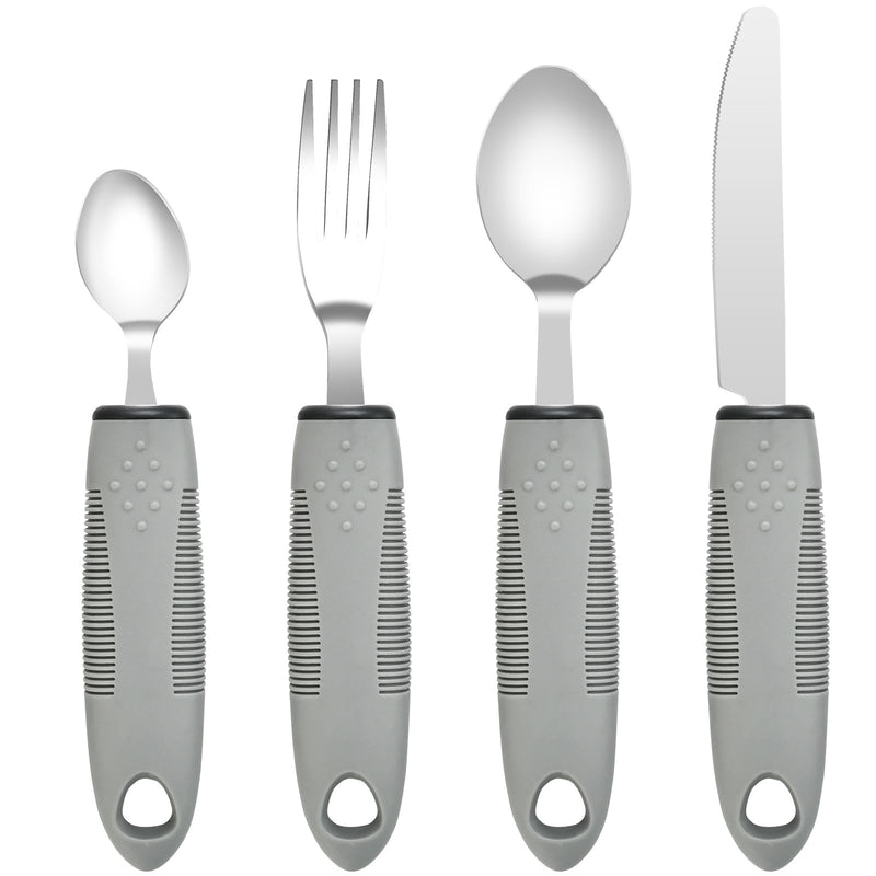 Extra Wide Handles Easy Grip Cutlery Set of 4 Disability Aids,Chunky Handles, Corfort Grips Disability Ideal Dining aid for Elderly Disabled Arthritis Parkinson's Disease Tremors Sufferers Grey
