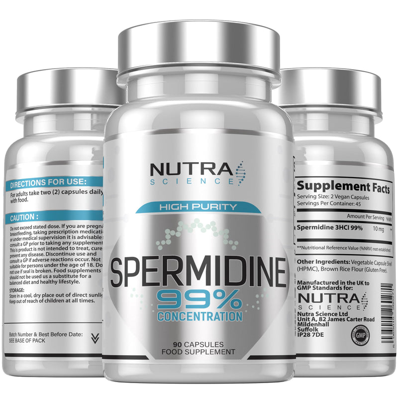 Spermidine 99% Concentration | 100X More Potent Than Wheat Germ Spermidine Supplements | 90 Vegan Spermidine Capsules 10mg Serving Highest Purity in the UK