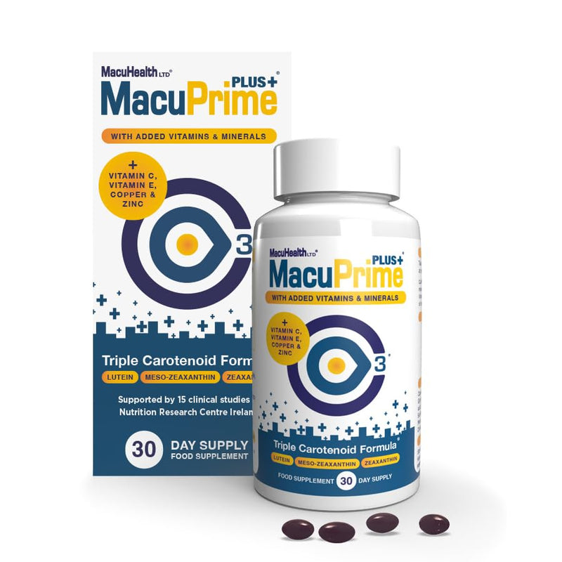 MacuPrime Plus+ Eye Health Supplements – Food Supplement Helps Maintain Normal Vision – Lutein, Meso-Zeaxanthin & Zeaxanthin, 120 Capsules – 1 Month Supply 30 count (Pack of 1)
