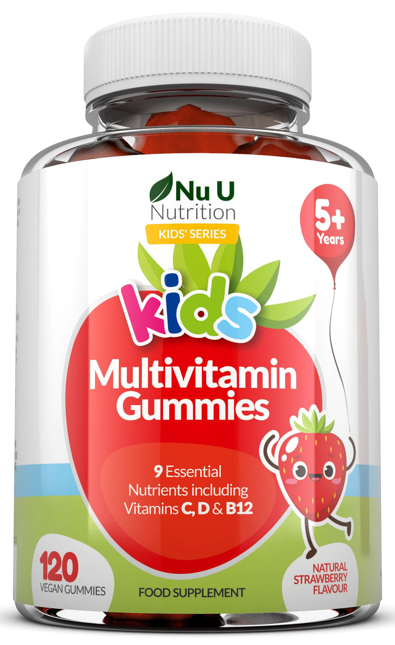 Nu U Nutrition - Multivitamin Gummies for Kids - 4 Month Suppply - 120 Vegan Berry Gummies - Strawberry Flavour - 9 Essential Vitamins Including Vitamin C, D & B12 - Made in the UK KIDS MULTIVITAMIN GUMMIES