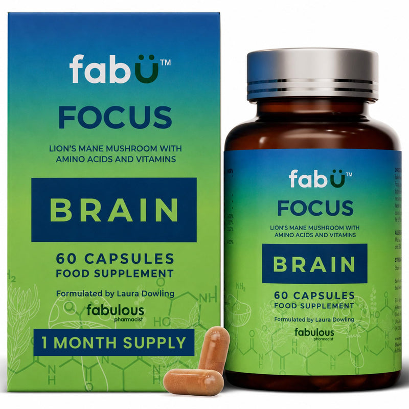 fabÜ Focus Brain Supplement with Lion's Mane Mushroom & Nutrients - Performance Support with Amino Acids, Choline & B Vitamins - Nootropic for Concentration (60 Capsules)