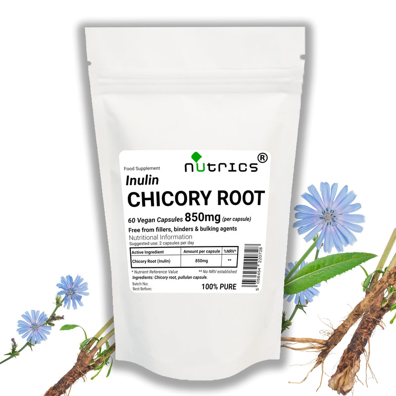 Chicory Root 850mg x 60 Vegetarian Capsules Prebiotic Fibre Inulin - No Fillers Binders or Bulking Agents - 100% Pure - Suitable for Vegan Vegetarian Diet