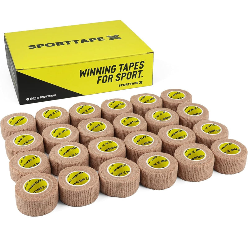 24 Rolls - SPORTTAPE Cohesive Finger Tape - 2.5cm x 4.5m | Compression Bandage - Beige - Self-Adhesive Wrap | Vetwrap, Thumb, Toe, Goalkeeper Finger & Wrist Tape - First Aid & Medical Physio Bandage 2.5cm x 4.5m - 24 Rolls