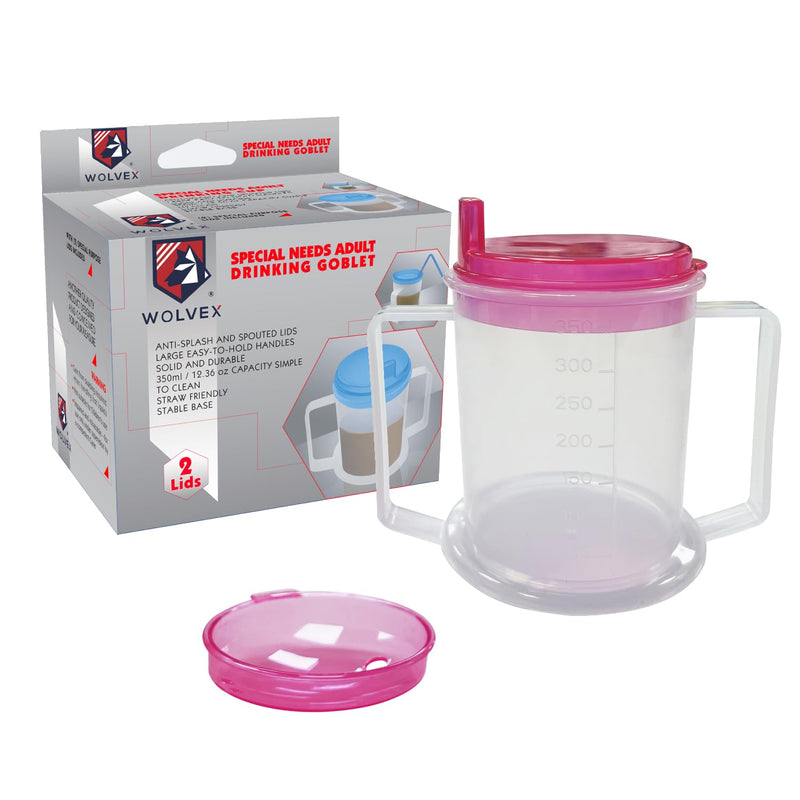 Adult Drinking Cup 350ML Beaker with Handles & Anti Spill lids for Disabled Adults Dishwasher and Microwave Safe BPA, PVC and Latex Free Pink