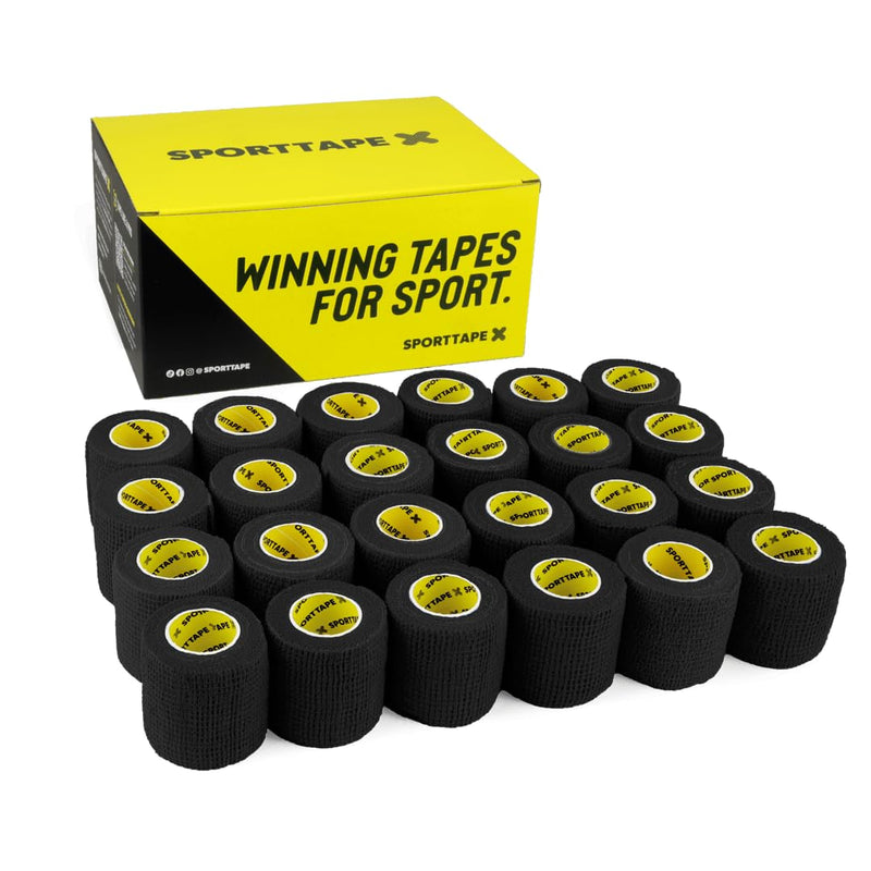 SPORTTAPE 24 Rolls Football Sock Tape, 5cm x 4.5m, Black - Self-Adhesive Cohesive Bandage, Compression Wrap & Sports Stretch Tape for Ankles, Joints, Socks, Vet and Pet Wrap for Dogs and Horses 5x450 cm (Pack of 24)
