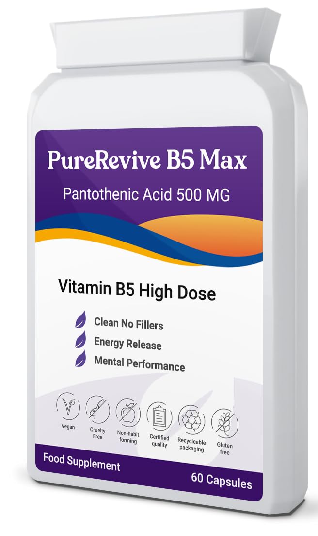 PureRevive High-Potency Vitamin B5 500mg - Advanced Pantothenic Acid Formula for Enhanced Metabolism, Skin & Joint Support | Non-GMO, Gluten-Free | Made in UK (60) 60