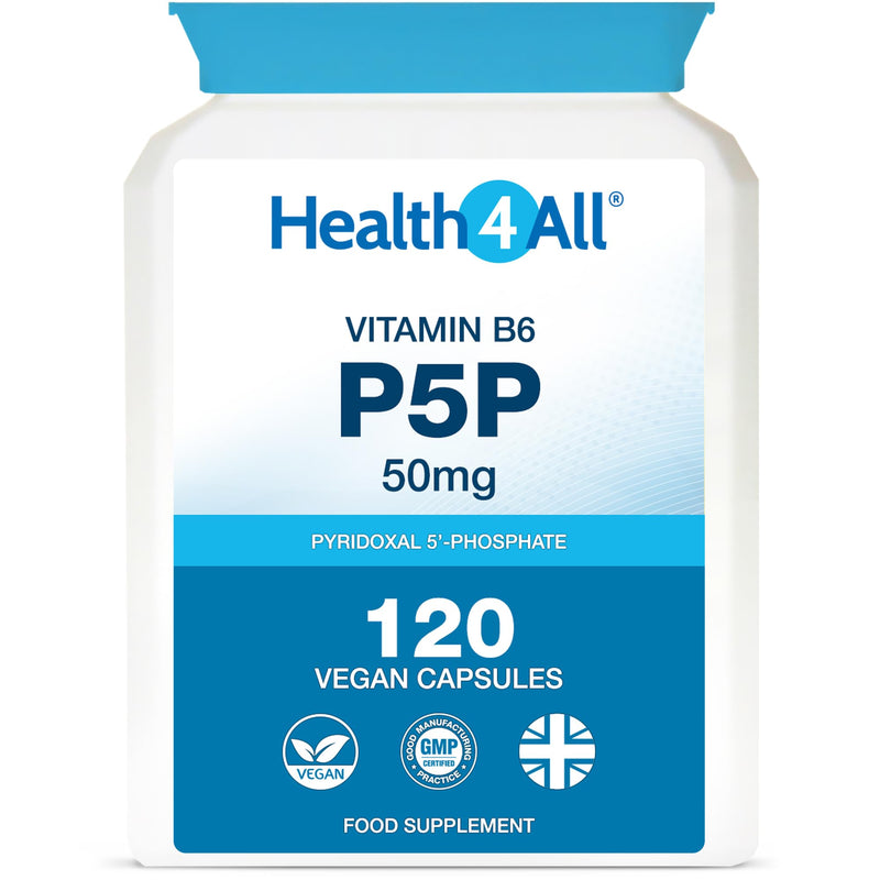 P5P 50mg Activated Vitamin B6 with Magnesium Citrate for Tiredness & Fatigue - 120 Capsules 4 Month Supply - Pyridoxal 5'-Phosphate - Vegan VitB6 Supplement - Made in UK by Health4All 120 count (Pack of 1)