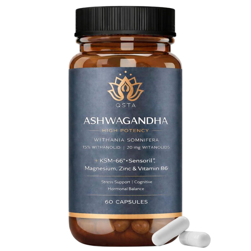 Ashwagandha KSM 66 + Sensoril (15-20% Withanolides) Cortisol Reducing Supplements for Deep Sleep, Energy, Concentration and Stress Relief. 2 Month Supply Ashwagandha High Strength KSM 66 Capsules Ashwa QSTA