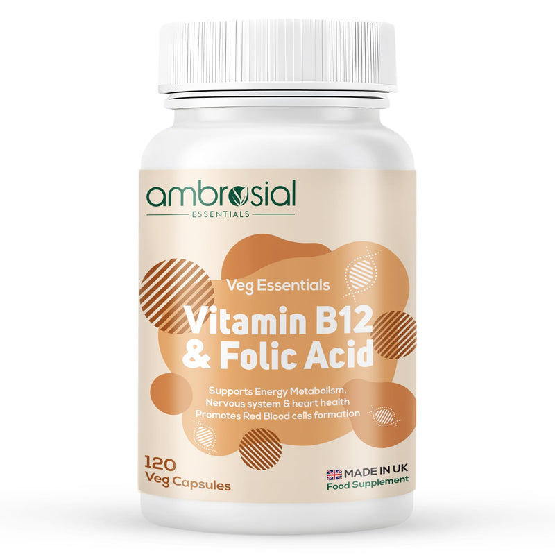 Ambrosial Vitamin B12 1000 mcg (Cyanocobalamin) & Folic Acid Tablets 500 mcg – Dual Formula in One Capsule – B12 Supplement for Women & Men –Vegan, GMP Certified – 120 Capsules (4 Months Supply)