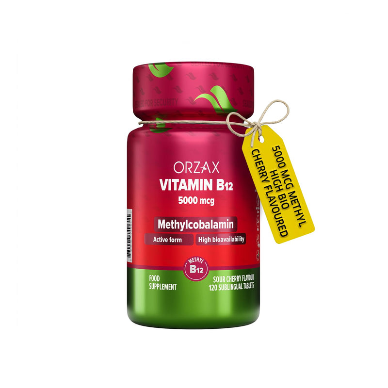 Orzax Vitamin B12 Tablets - 5000 mcg Methylcobalamin Energy Supplement for Women and Men - Cherry Flavored - (120 Sublingual Tablets)