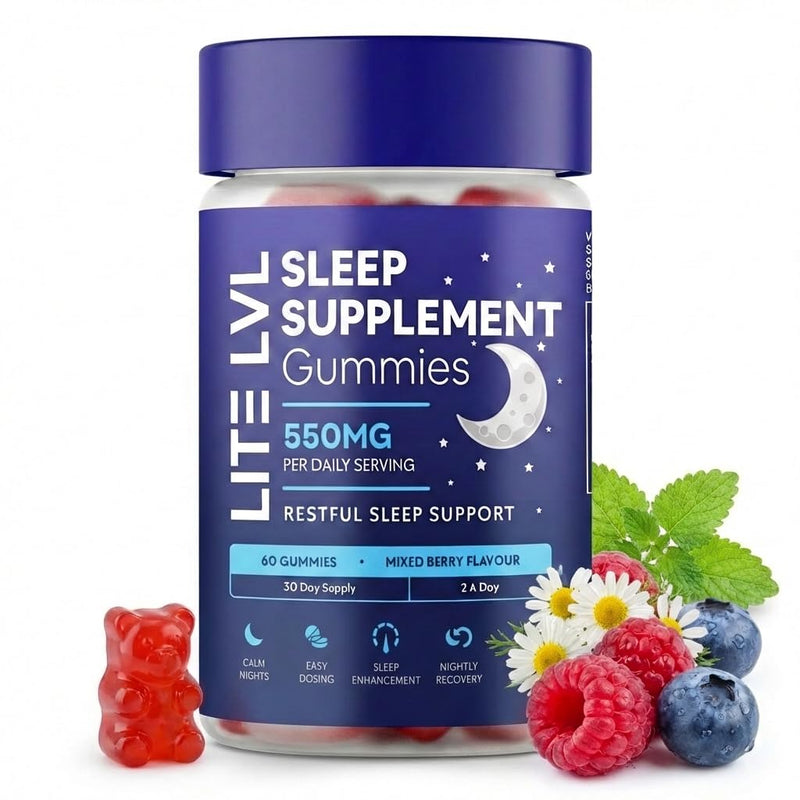 LITE LVL Sleep Gummies for Adults | High Strength with Lemon Balm, Camomile, Lavender & L-Theanine for Relaxation & Sleep Support | Aids Natural Melatonin Production | 60 Vegan & Sugar Free Gummies
