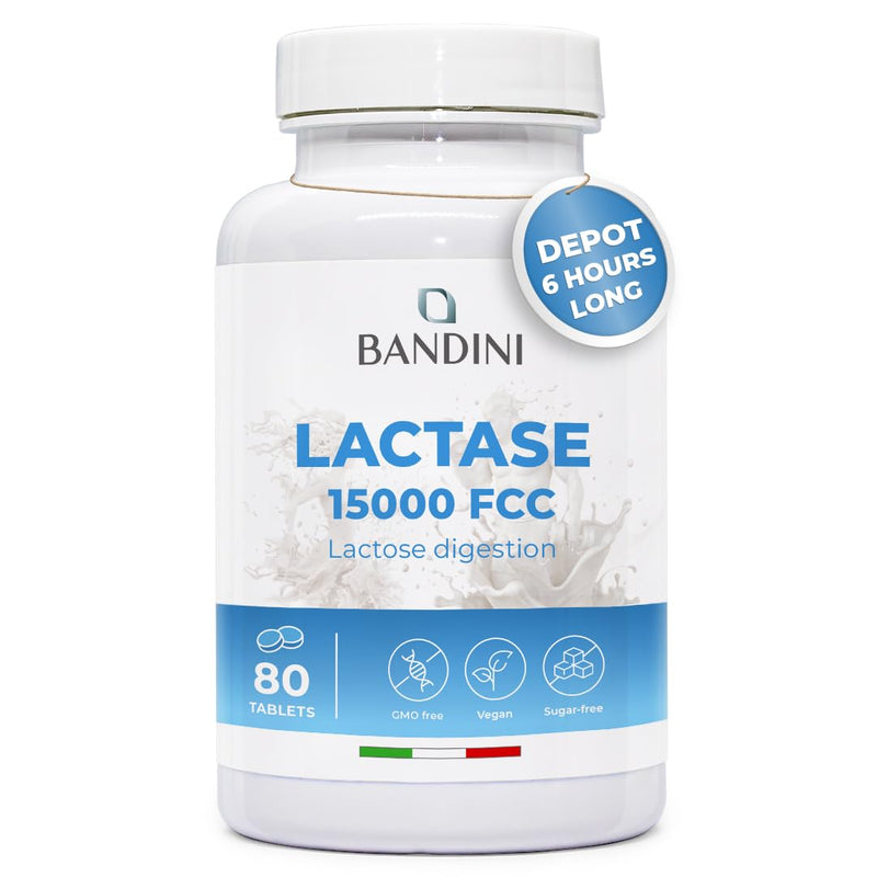 Bandini® Lactase Extra-Strength Dose 15,000 FCC - Helps with Lactose Intolerance - 80 Tablets - Supports the Lactose Digestion - Slow Release Digestive Enzymes Supplement - 100% Vegan - Chemical Free
