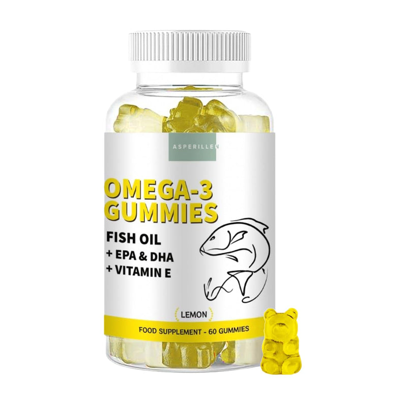 Omega 3 Gummies Adult Lemon Flavour with Vitamin E - Wild Fish Oil High Strength Omega 3 Fatty Acids, EPA & DHA - Supports Heart, Brain and Vision - No Fishy Taste, Gluten-Free, Non-GMO, 60 Gummies