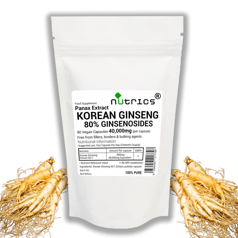 80% Ginsenosides 40,000mg (per Capsule) Korean Ginseng 50:1 PANAX Root Extract 100% Pure Vegan Capsules - No fillers Gelatinised Ginseng Supplement 90 Capsules (3 Month Supply)