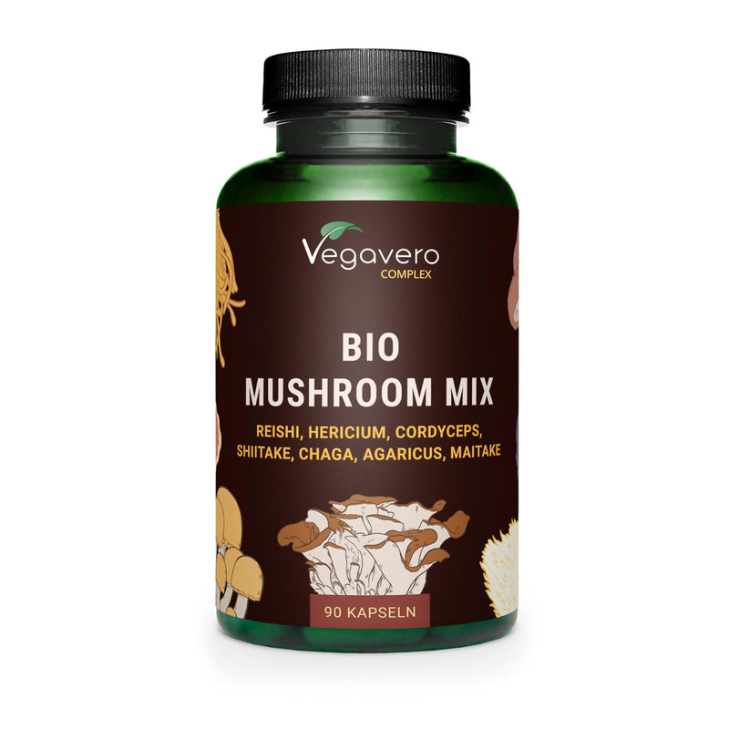 Vegavero Certified Organic Mushroom Complex 1300 mg | NO Additives, Lab-Tested | Standardised Bioactive Polysaccharides, Beta Glucans and Hericenones | 90 Capsules | Vegan