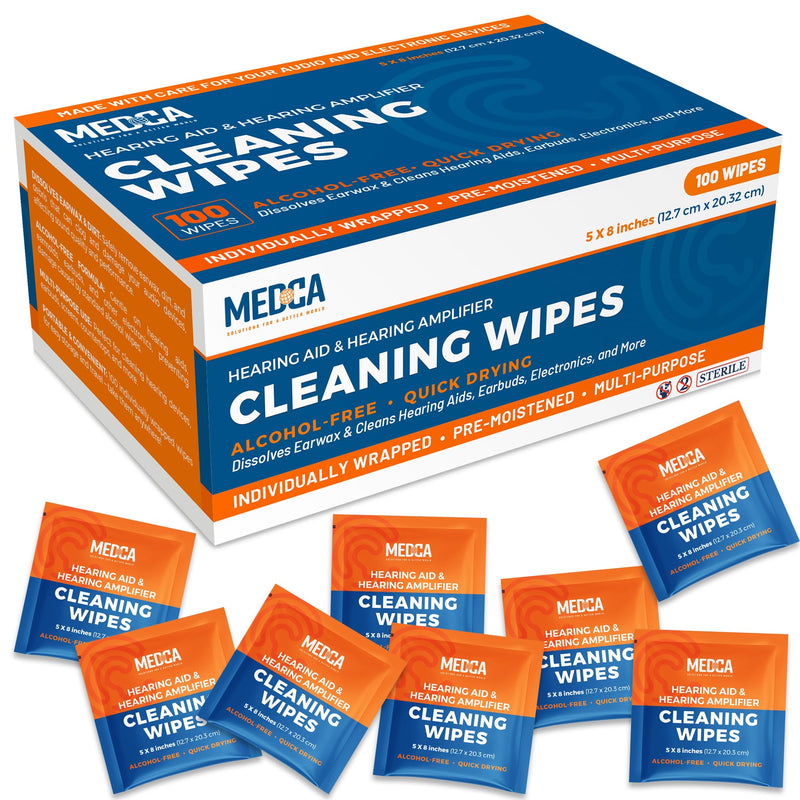 Hearing Aid Cleaning Wipes - 100 Individually Wrapped Pre-Moistened Alcohol-Free Wipes for Hearing Aids, Amplifiers, Earbuds, Audio & Electronics - Portable, Quick-Drying, Gentle, Daily Use & Travel 1 count (Pack of 100)